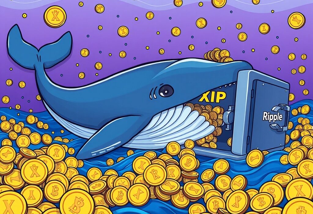 A cartoon whale making a large XRP transfer to a Ripple-labeled vault, illustrating the significant movement of digital assets.