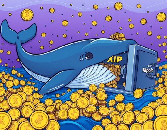 A cartoon whale making a large XRP transfer to a Ripple-labeled vault, illustrating the significant movement of digital assets.