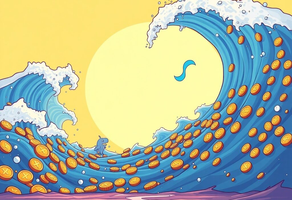 Cartoon showing a massive XRP transfer of 200 million coins moving towards the Ripple logo, observed by a whale.