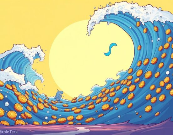 Cartoon showing a massive XRP transfer of 200 million coins moving towards the Ripple logo, observed by a whale.