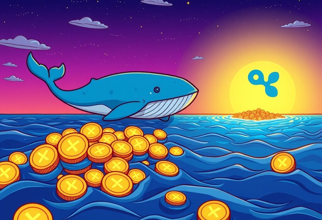 A cartoon whale guides a massive XRP transfer of digital coins towards the Ripple entity, highlighting significant blockchain movement.