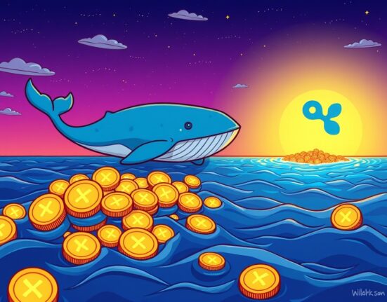 A cartoon whale guides a massive XRP transfer of digital coins towards the Ripple entity, highlighting significant blockchain movement.