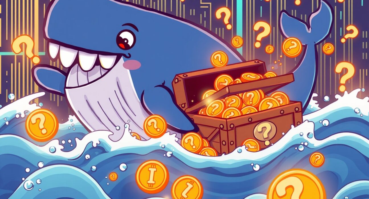 Massive XRP transfer depicted as whale moving digital coins through blockchain waves