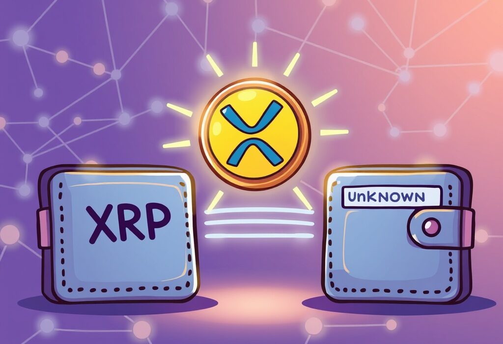 Cartoon showing a significant XRP transfer, symbolizing the movement of 250 million XRP from Ripple to an unknown wallet.