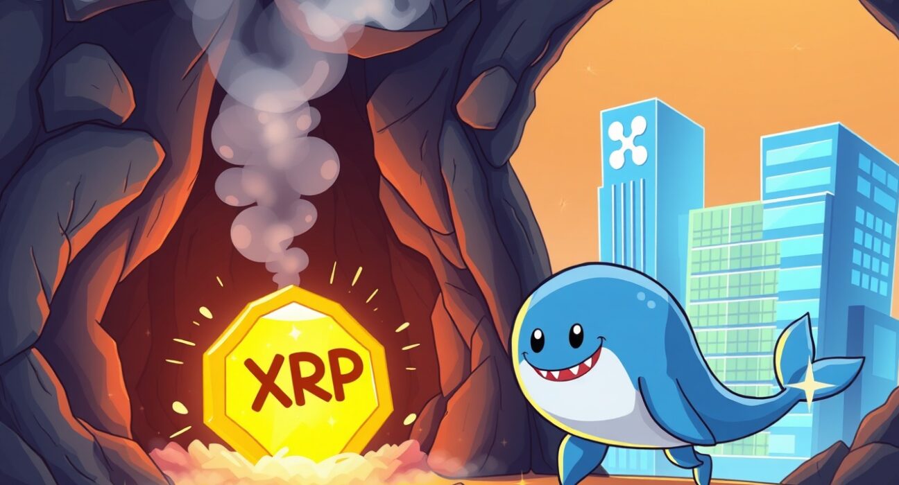 A cartoon whale made of XRP coins completing a massive XRP transfer to a digital vault.