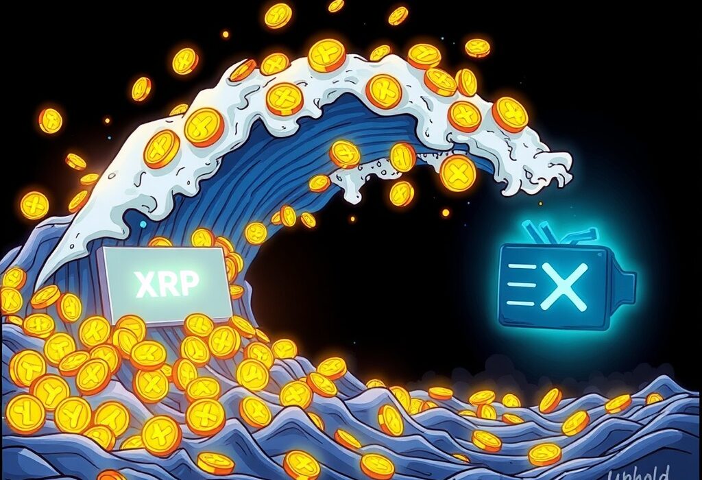 Cartoon illustration of a significant XRP transfer from a known exchange to an unknown wallet, highlighting the scale and mystery of large crypto movements.