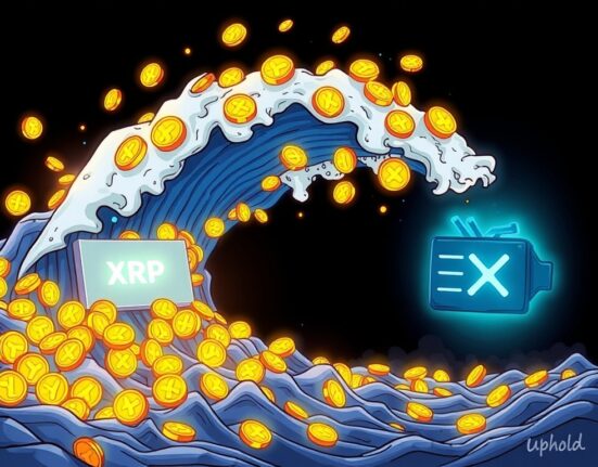 Cartoon illustration of a significant XRP transfer from a known exchange to an unknown wallet, highlighting the scale and mystery of large crypto movements.