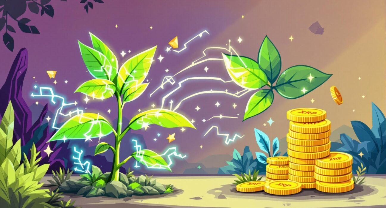 A vibrant illustration of a plant growing digital leaves, symbolizing Nature's Miracle's innovative XRP treasury program for growth and yield.