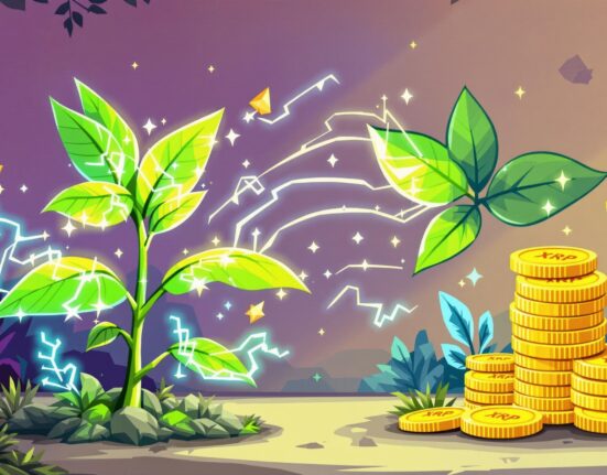 A vibrant illustration of a plant growing digital leaves, symbolizing Nature's Miracle's innovative XRP treasury program for growth and yield.