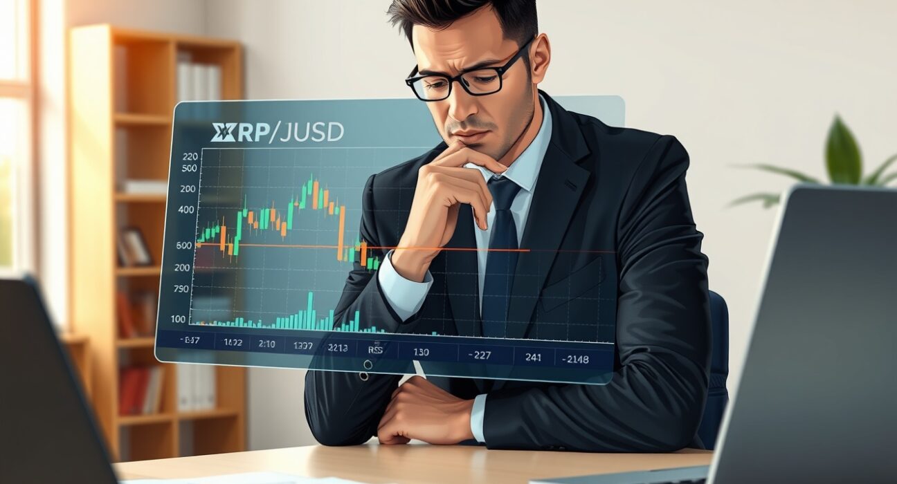 Financial analyst evaluates XRP cryptocurrency price chart showing low RSI indicator, suggesting undervalued asset.