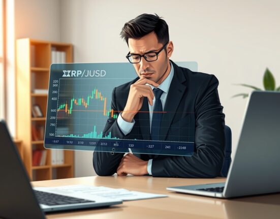 Financial analyst evaluates XRP cryptocurrency price chart showing low RSI indicator, suggesting undervalued asset.