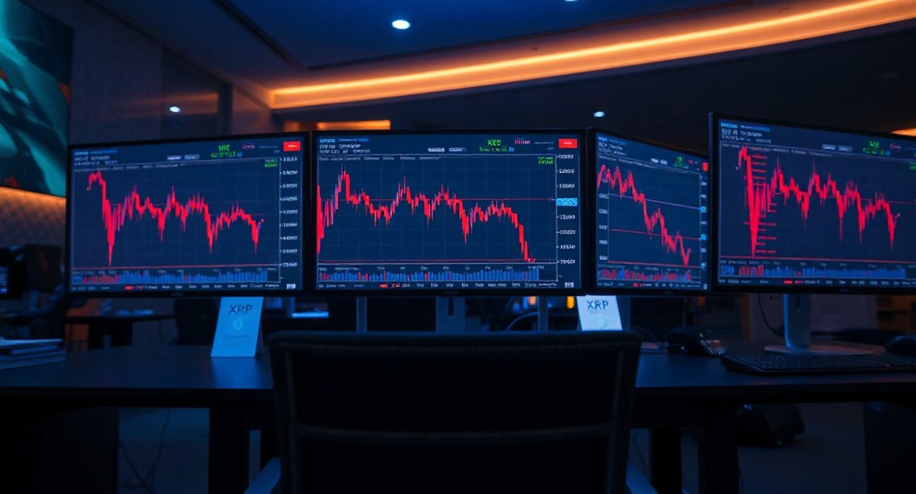 Cryptocurrency trading monitors displaying XRP price charts in a dimly lit trading floor environment.