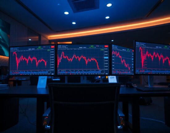 Cryptocurrency trading monitors displaying XRP price charts in a dimly lit trading floor environment.