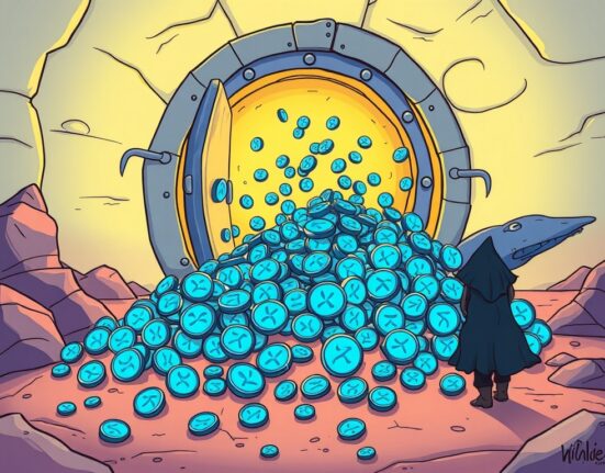 Cartoon illustration of a significant XRP unlock event, showing a large amount of XRP flowing from a mysterious vault.