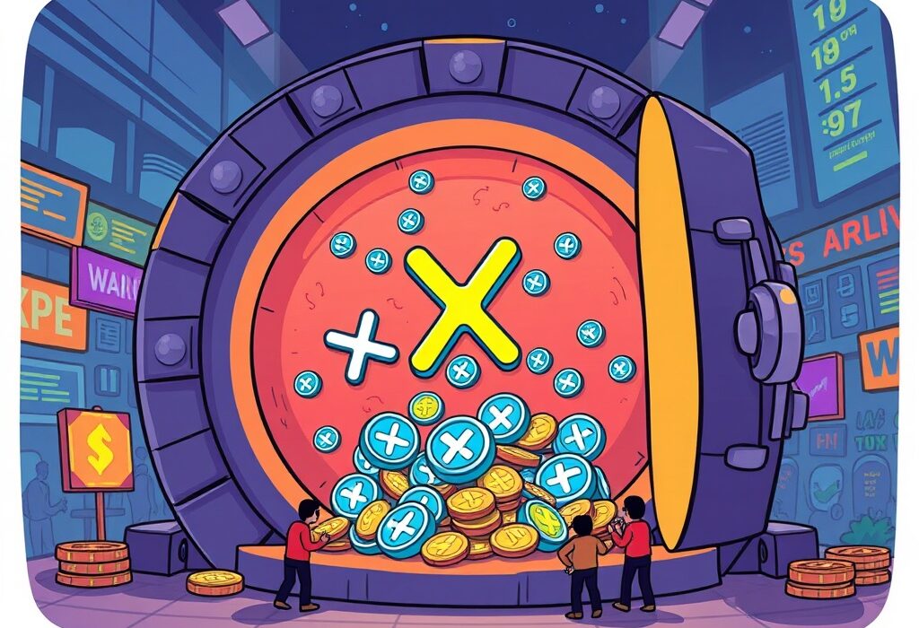 Cartoon illustration of a massive XRP unlock from a digital vault, symbolizing Ripple's escrow release and its potential market impact.