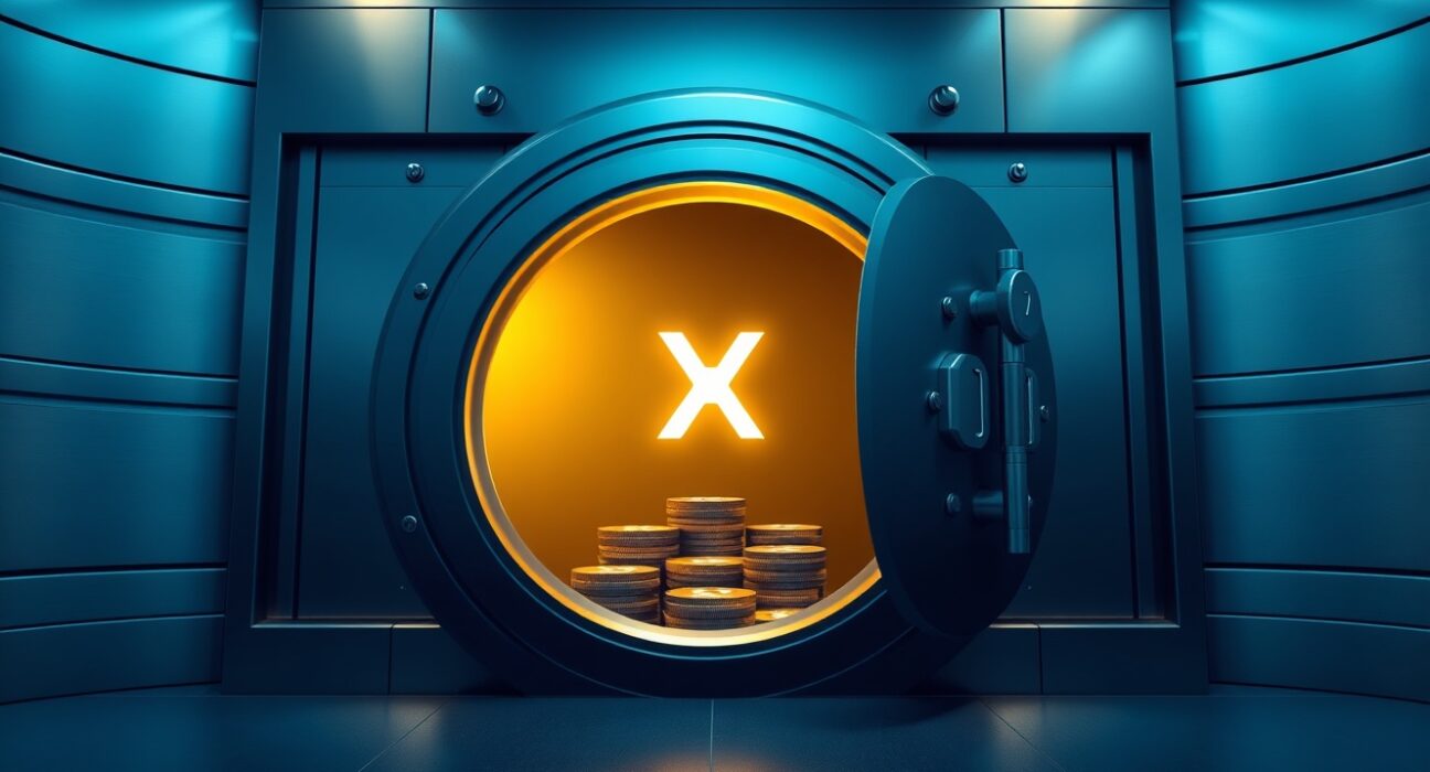 A secure vault door opening with a golden glow, symbolizing the release of 200 million XRP from Ripple's escrow.