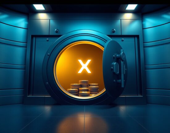 A secure vault door opening with a golden glow, symbolizing the release of 200 million XRP from Ripple's escrow.