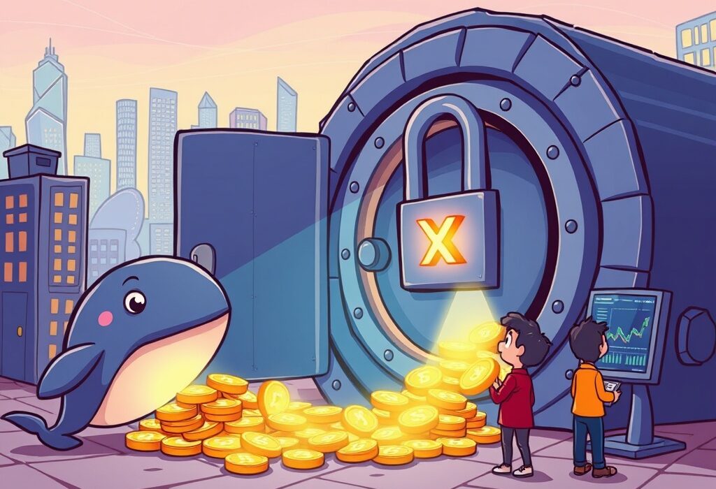 Cartoon illustration showing a massive XRP unlock from a digital vault, symbolizing its impact on the crypto market.