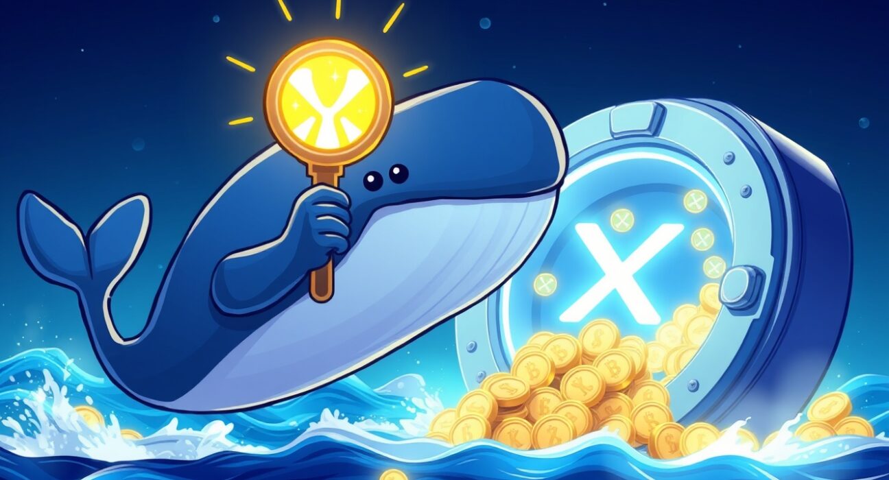 A cartoon whale unlocking a vault of digital XRP tokens, symbolizing the recent 200 million XRP unlocked event and its market implications.