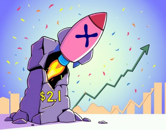 An illustration of the explosive XRP uptrend breaking through a major price resistance barrier.