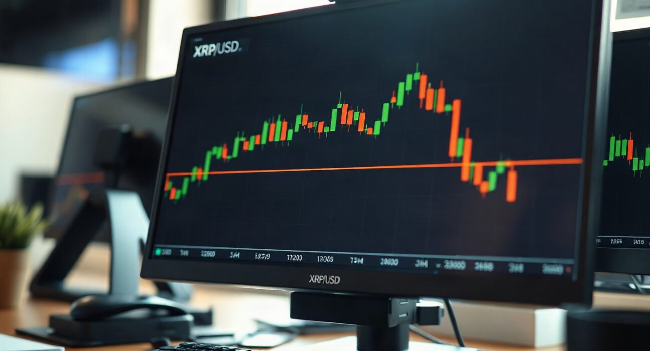 XRP/USD chart showing support at 1.2000-1.3000 on a trading screen
