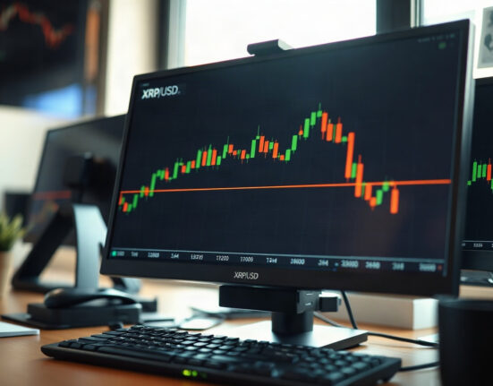 XRP/USD chart showing support at 1.2000-1.3000 on a trading screen