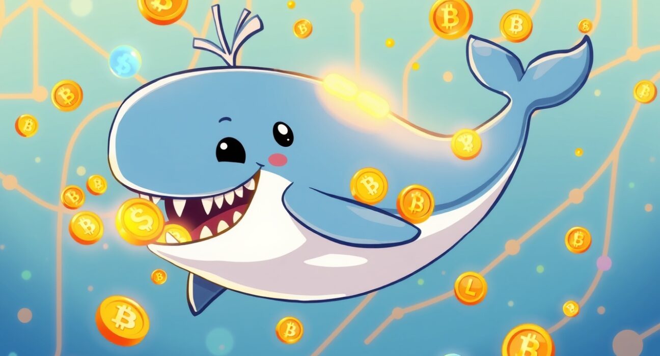 Cartoon whale illustrating massive XRP whale activity transferring digital coins through blockchain network