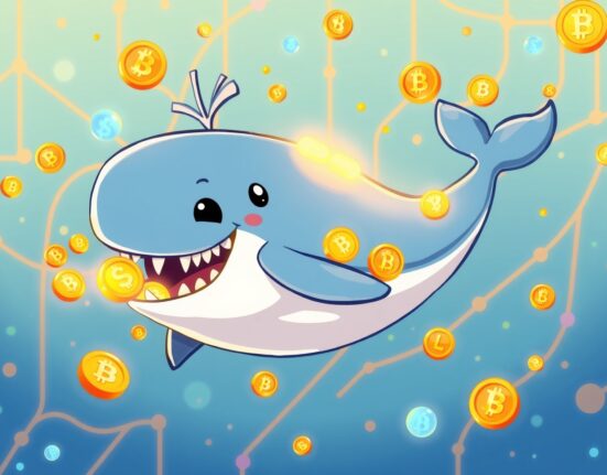 Cartoon whale illustrating massive XRP whale activity transferring digital coins through blockchain network