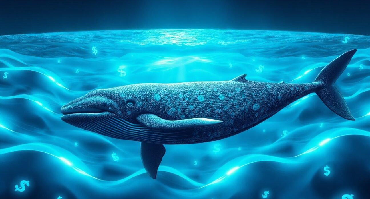 Digital whale swimming away from exchange, representing reduced XRP whale deposits to Binance