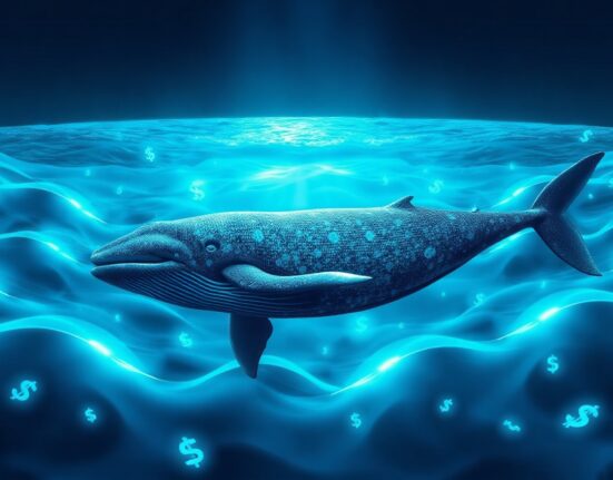 Digital whale swimming away from exchange, representing reduced XRP whale deposits to Binance