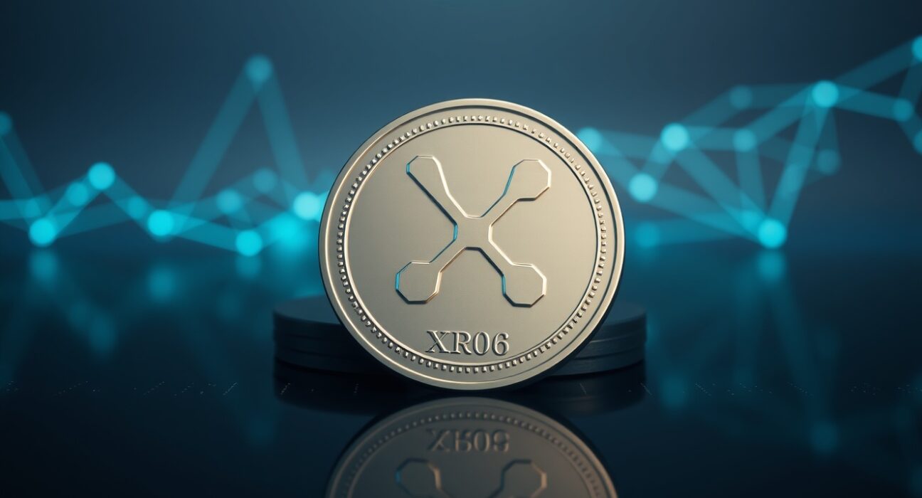 XRP token on a digital surface with blockchain network background, representing on-chain analysis.