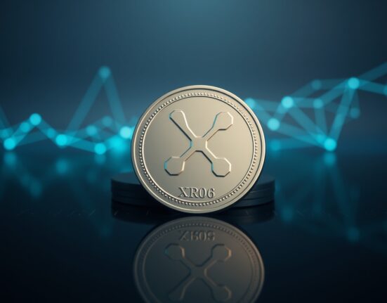 XRP token on a digital surface with blockchain network background, representing on-chain analysis.