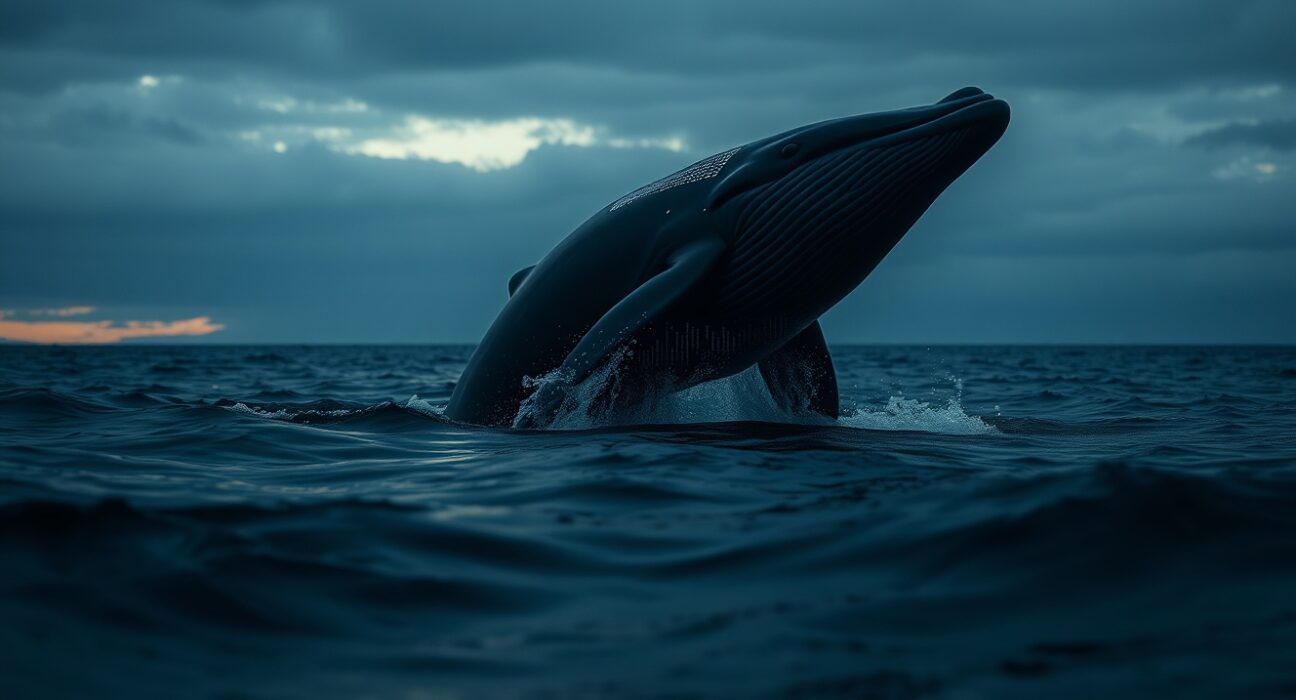 A whale breaching the ocean surface with digital blockchain patterns, representing large XRP holders.