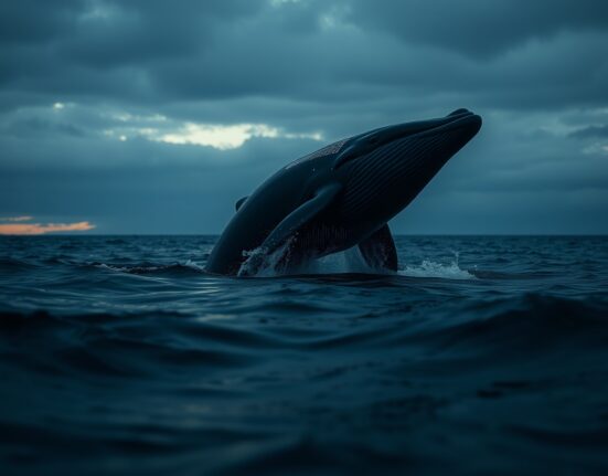 A whale breaching the ocean surface with digital blockchain patterns, representing large XRP holders.