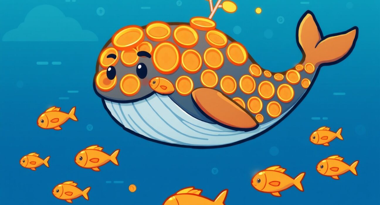 A powerful cartoon whale made of XRP coins symbolizes soaring XRP whale holdings in a digital ocean.