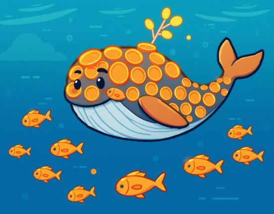 A powerful cartoon whale made of XRP coins symbolizes soaring XRP whale holdings in a digital ocean.