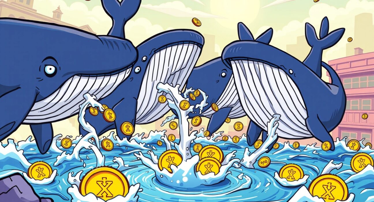 Cartoon illustration showing large investors engaged in significant XRP whale selling, impacting the broader crypto market.