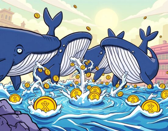 Cartoon illustration showing large investors engaged in significant XRP whale selling, impacting the broader crypto market.