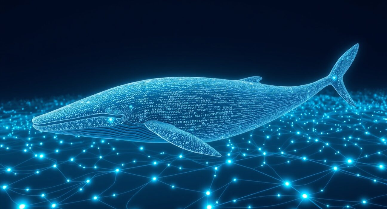 Digital whale swimming through blockchain data network representing XRP whale accumulation