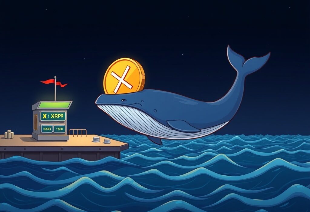 Cartoon illustration depicting a massive XRP whale transaction, showing a whale moving a large amount of XRP from an exchange.