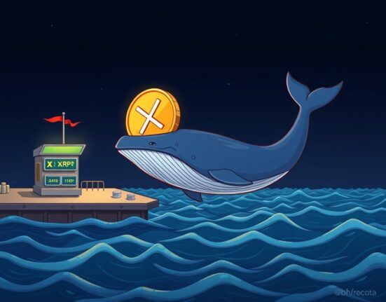 Cartoon illustration depicting a massive XRP whale transaction, showing a whale moving a large amount of XRP from an exchange.