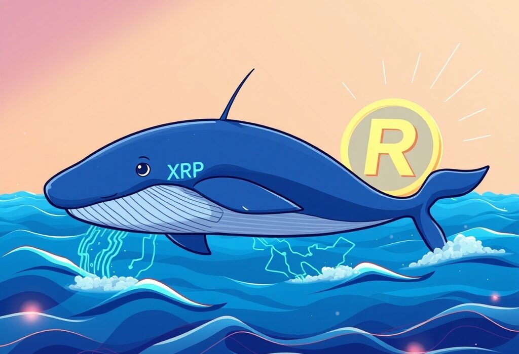 Cartoon illustration of a large XRP whale transfer moving towards Ripple, symbolizing a significant market event.
