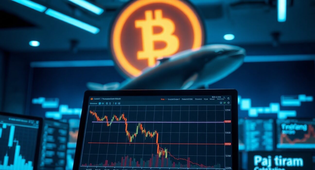 Cryptocurrency price chart on screen with whale silhouette symbolizing large investors