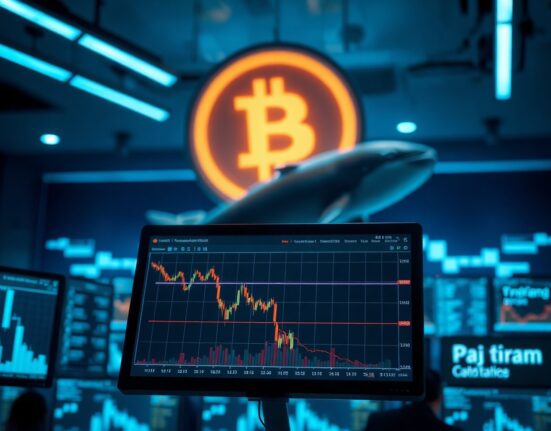 Cryptocurrency price chart on screen with whale silhouette symbolizing large investors