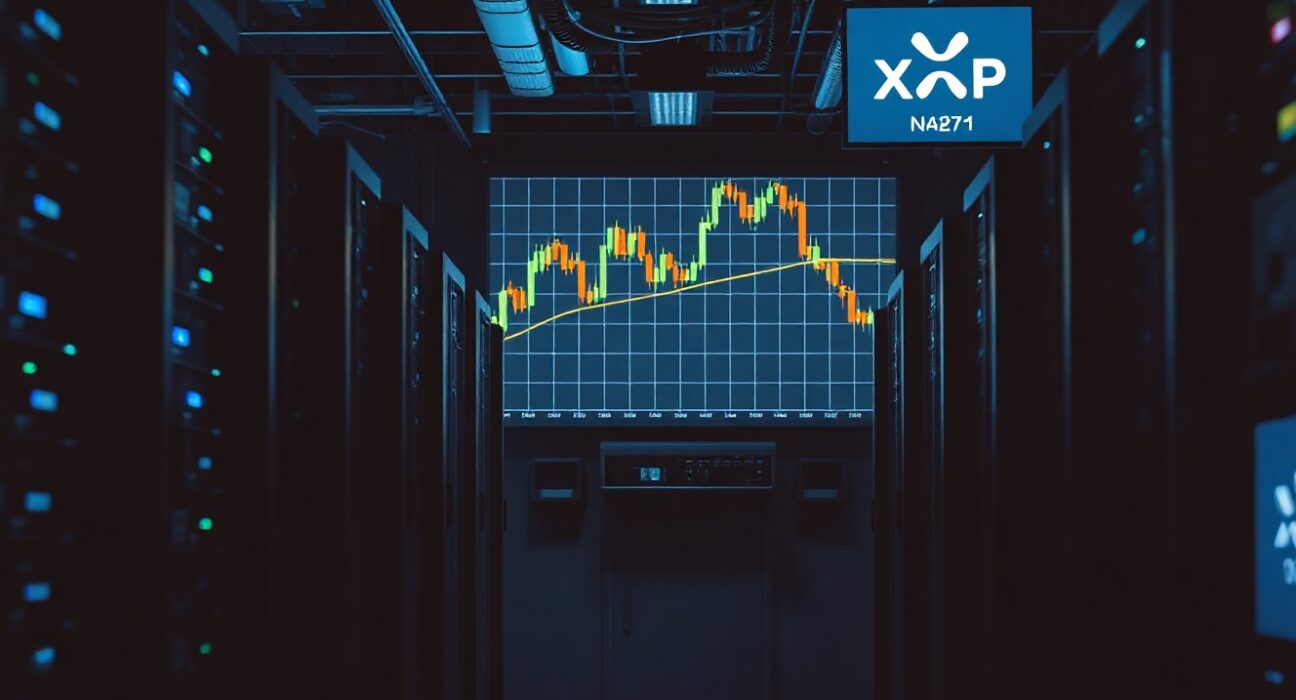 XRP whale accumulation amid price drop, visualized with a data screen and mining hardware