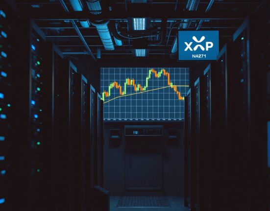 XRP whale accumulation amid price drop, visualized with a data screen and mining hardware