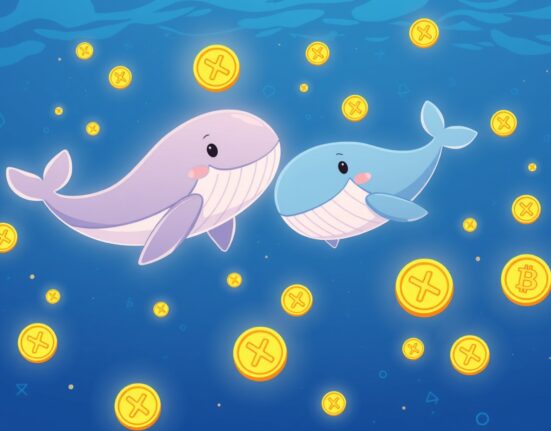XRP whales accumulate tokens in vibrant cryptocurrency ocean illustration