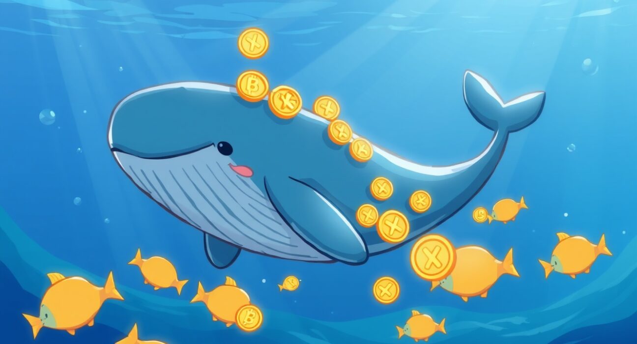 Cartoon illustration showing XRP whales accumulating tokens during market uncertainty