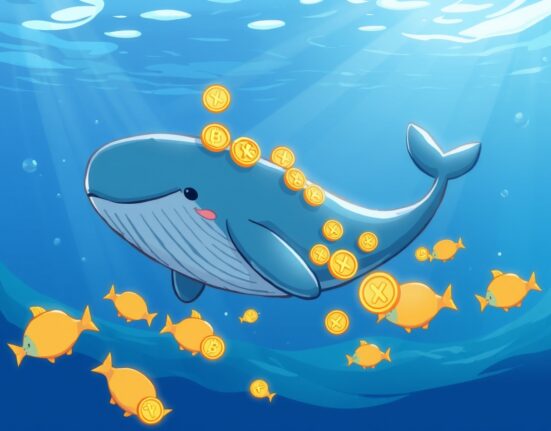 Cartoon illustration showing XRP whales accumulating tokens during market uncertainty