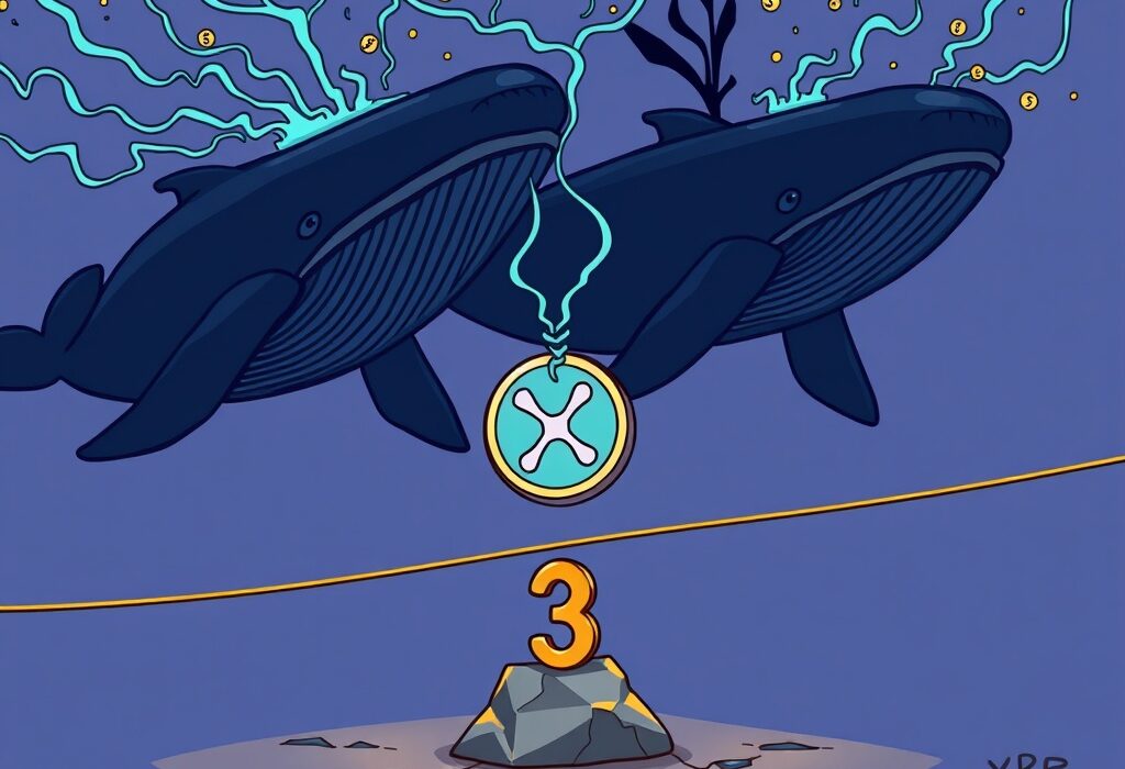 A cartoon illustration showing XRP whales exerting selling pressure on the XRP price, threatening the $3 support level.